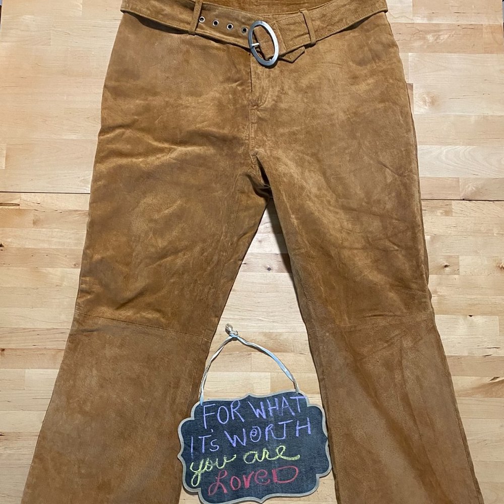 Vintage 90s Fairweather Genuine Suede Flare Pants Bronze Brown Boho Size 14